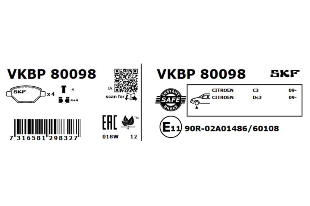 Jogo de 4 pastilhas de travão SKF ref. VKBP 80098